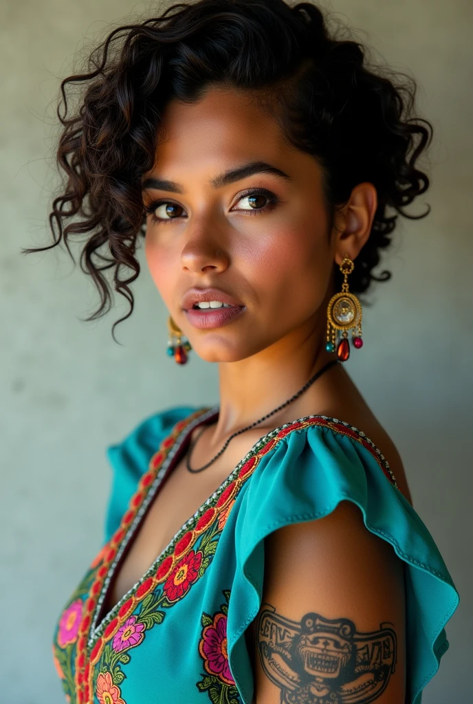 20-year-old girl, Mexican nationality,of robust body, short curly hair, dark complexion, dressed in a turquoise dress with traditional colored flower embroidery, with bushy eyebrows., curious look, with a tattoo on the arm in the form of a chain of Aztec patterns.