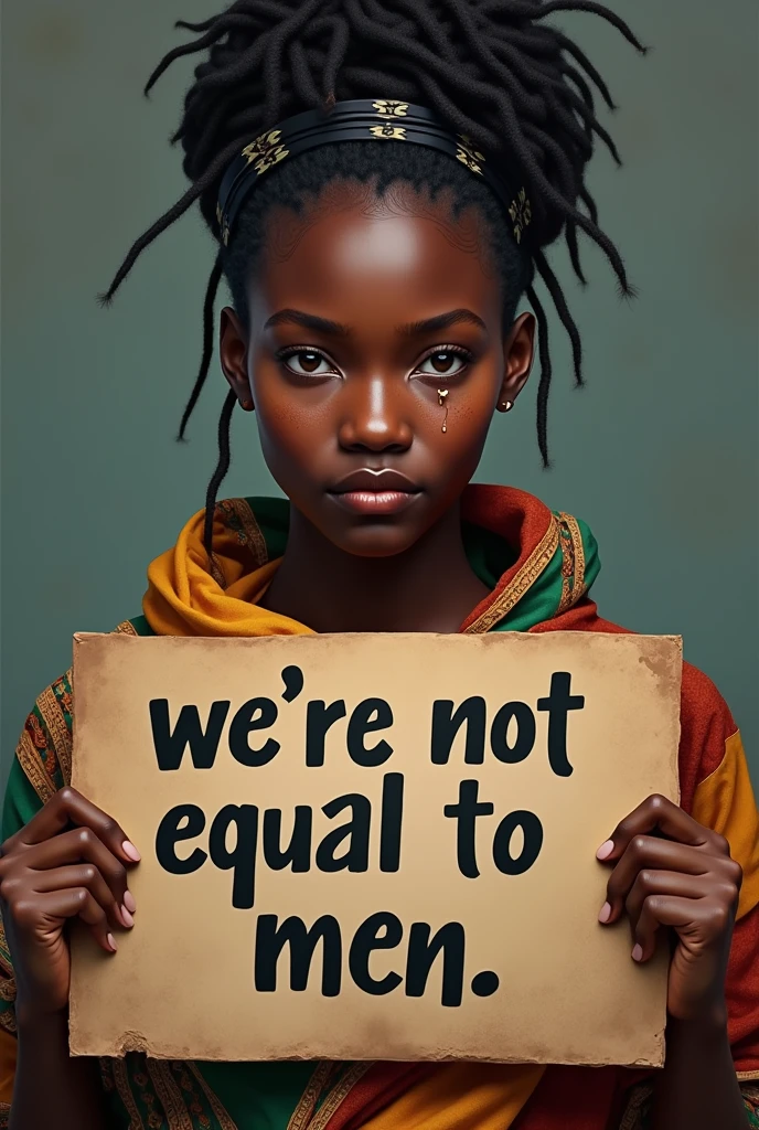 A beautiful IGBO fair-lady with ancient Igbo hairstyle and Igbo wrapper carrying board written “we’re not equal to men” with tears on her face.