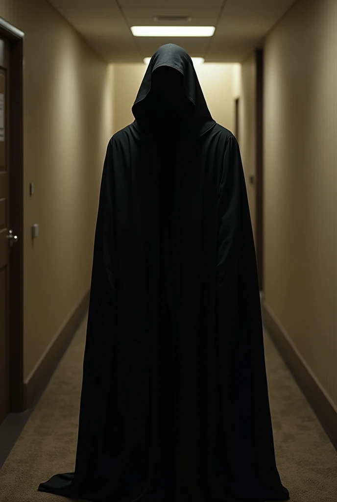 Make a guy completely in black, that his face cannot be distinguished, in the middle of a hotel corridor 