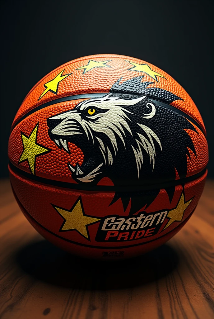 basketball that has a face of a battle scared lion roaring angrily on the right side of the ball and five yellow stars surrounding it and at the bottom is printed the team name Eastern Pride in bold black and white fancy front
