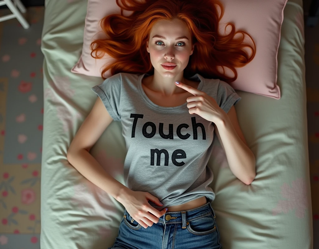 a young redhead woman lying on a bed wearing a grey shirt with the words "Touch me". She points with her index finger at her private parts. Full body shot, top view, jeans shorts. Visible bare feet. Colored sheets.
