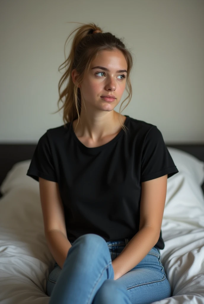22 year old American girl wearing plain black tshirt and jeans hairstyle pony sitting on bed