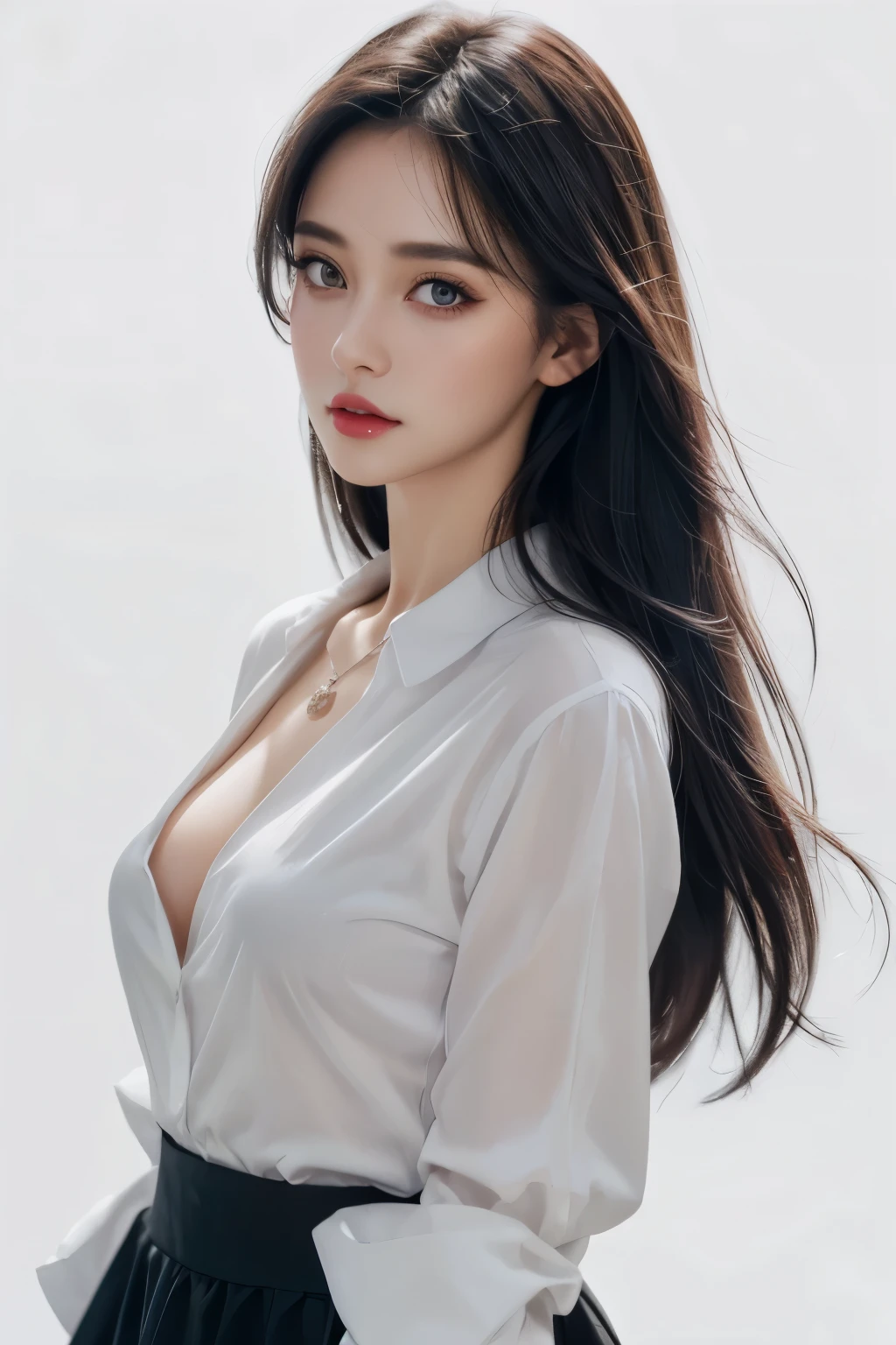 female, beautiful, amazing face and eyes, cosmetics,(Extremely detailed beautiful face), (The sexiest look), (best quality), (very detailed), (very detailed CG 통합 8k 벽지), (standing), (pure white background),(black hair),(big eyes),(soft light source),(),red glossy lips,wearing pendants, White button-up shirt,black skirt,Character is centered
