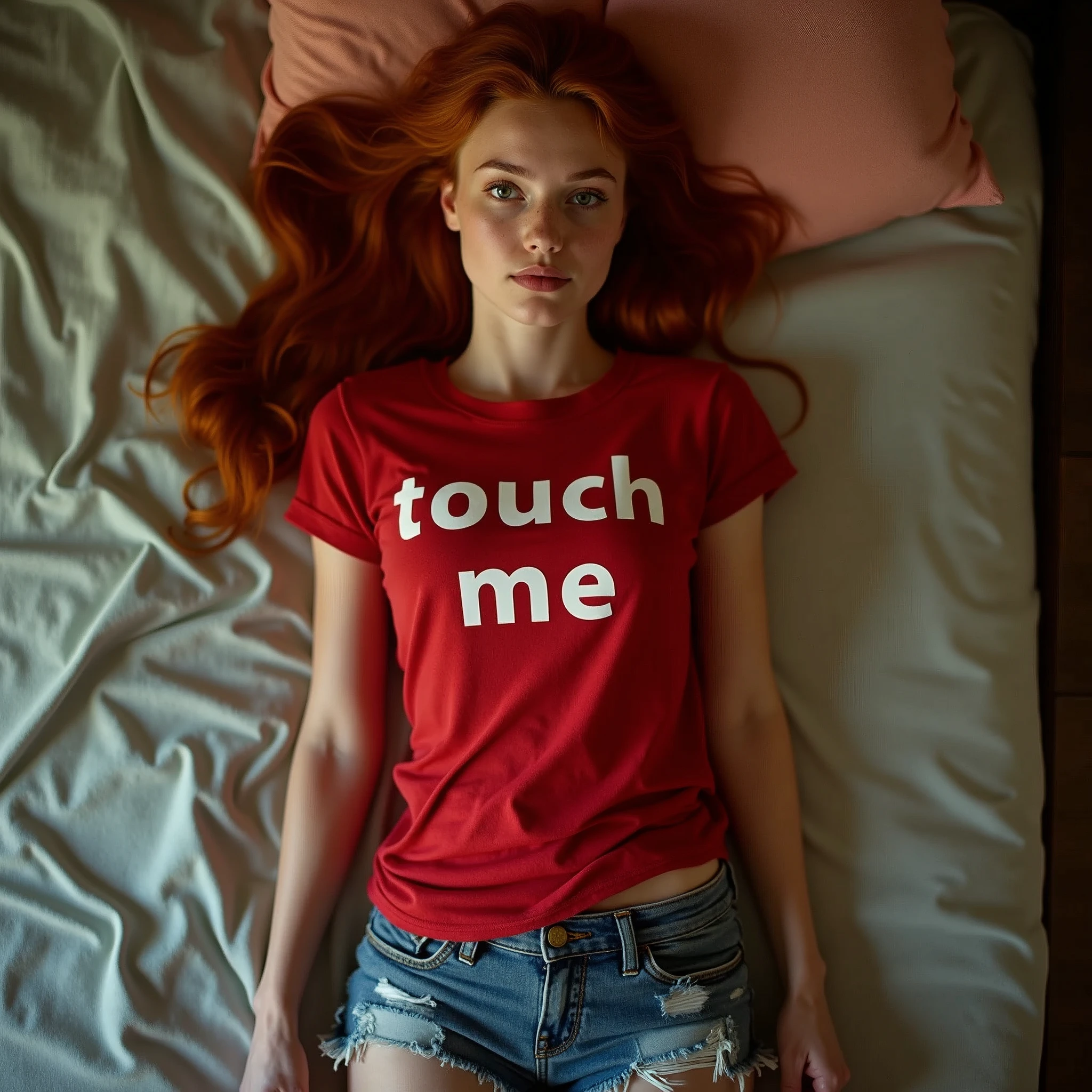 a young redhead woman lying on a bed wearing a red shirt with the words "touch me". Full body shot, top view, jeans shorts. Bare feet. Colored sheets.