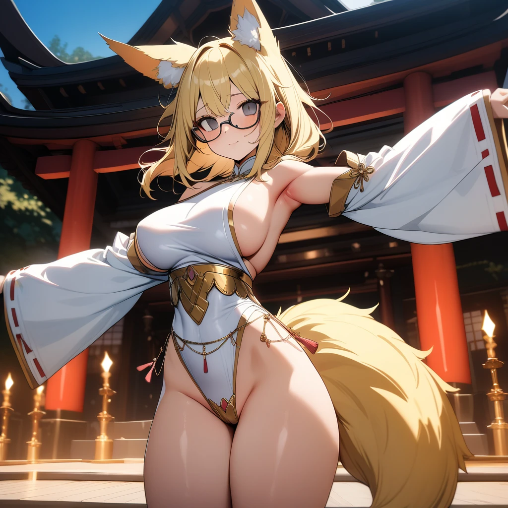 (masterpiece,best quality,very aesthetic),(ultra-detailed),high saturation,nsfw,girl,,solo,curvy,large breasts,thicc,(one fox tail,blonde fox ears,medium hair,low ponytail,blonde hair,messy hair,under-rim glasses),sideboob,long sleeves,empty eyes, gray eyes,(belly chain,fusion of gold trimmed white miko and highleg leotard,luxurious decoration),Expressionless,light smile,Mysterious,outdoors,plaza,dynamic dancing,Dancing on Stage for Japanese Shinto rituals,altar,outdoors,Brilliant Dancing,holding Sword with a shiny silver blade,(A mystical aura rises around girl,A mysterious aura)