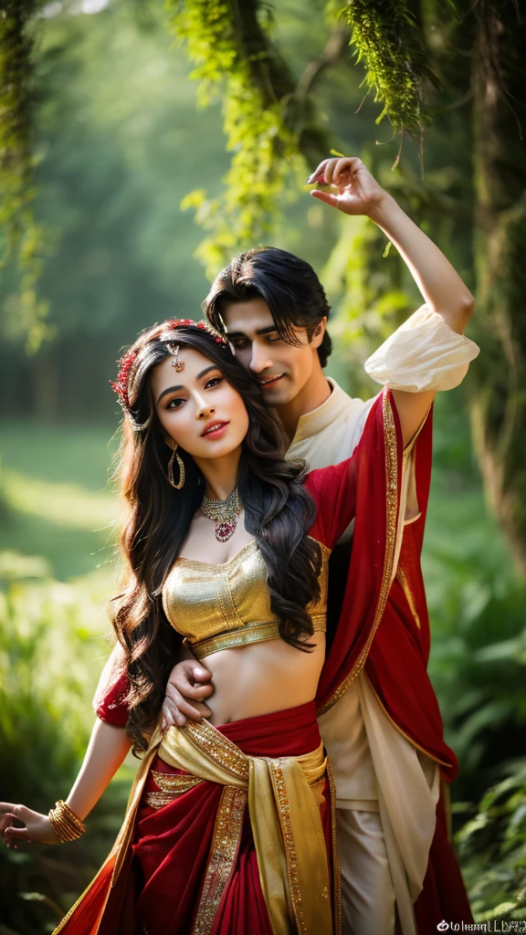 (realistic,photorealistic,photo-realistic:1.37),highly detailed,A milky handsome muscular Indian prince and a milky beautiful pretty Indian young courtesan are dancing together in a mystical forest. The Indian prince , with a chiseled physique and hair, is dressed in a  dhoti outfit that reveals his muscular chest. He has a loving expression and is looking lovingly at the woman. The woman, with long, flowing dark hair, is dressed in an intricate, red outfit. She has an alluring gaze and is posed elegantly.she is blushing. The background features lush, green foliage and a soft, mystical light filtering through the trees, creating an enchanting and intense atmosphere. their beauty is illuminated under the sunlight, handsome man,gorgeous women,beautiful detailed eyes,beautiful detailed lips,realism style,dynamic pose,full body,8k quality,depth field,wavy long black hair,professional portrait lighting,vivid colors,ultra-sharp focus,soft natural lighting,sophisticated expression,breathtaking composition,subtle background,highres,he is too muchhandsome