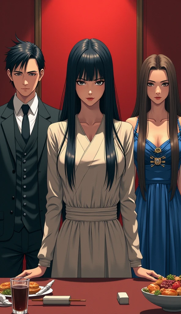 ((A woman with long hair))，banquet，Black straight hair，Plain clothes，((Cold expression))，Japanese comic style，A man with short, western-style hair stands to the left，A woman with long, brown hair and a luxurious blue dress stands to the right