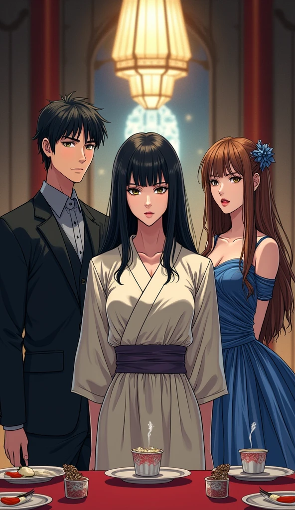 ((A woman with long hair))，banquet，Black straight hair，Simple dress，((Cold expression))，Japanese comic style，A man in a suit and short black hair is standing in the front left.，In the front right stands a woman with long brown hair wearing a gorgeous blue dress and gorgeous accessories.，