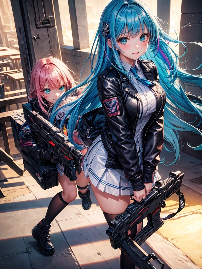 middle School girls,smile,Beautiful girls,Beautiful girl from another world,Gun of the Future,Girl holding an assault rifle in her hand,leather jacket,The best quality to get you horny,Psychic,Wizard,Uniform and cardiganコーデ,battle,Colorfulな髪色,Perfect Girl,Super cute girl,Cyberpunk Background,Cute uniform,Uniform of the Future,Wearing a cardigan,Long Hair、Sparkling eyes,She has her bangs down,Colorful,Ultra HD,Young girl,sex,Green Eyes,Naughty Girls,Full body image,Big Breasts,Beautiful Girl's Paradise,Fashion Girl,Naughty Girls,Beautiful Girl Country,High-dimensional beautiful girl,A beautiful girl who transcends everything,So beautiful,Absurd,Beautiful girls,