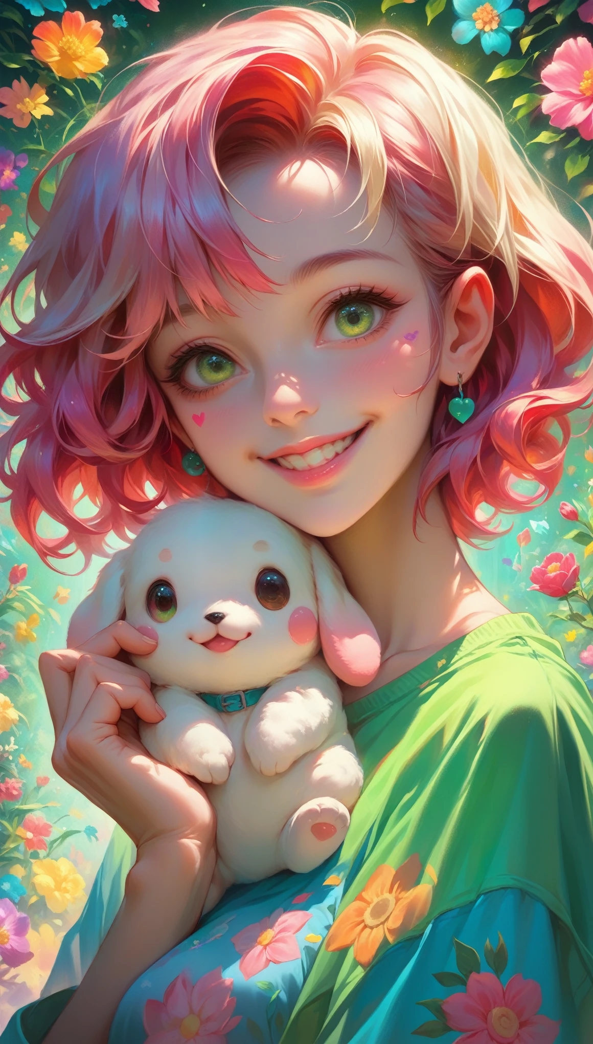 A beautiful anime girl, green eyes, playing with her cute puppy, colorful flowers blooming in the background, dynamic poses, smiling with detailed facial features, hyper realistic, 8k, ultra-detailed, photorealistic, vibrant colors, dramatic lighting, portrait, digital art