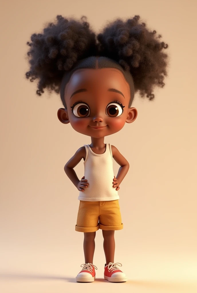 Highly detailed full body 3D animation image of a five year African American girl model Plain background. Disney, Pixar like