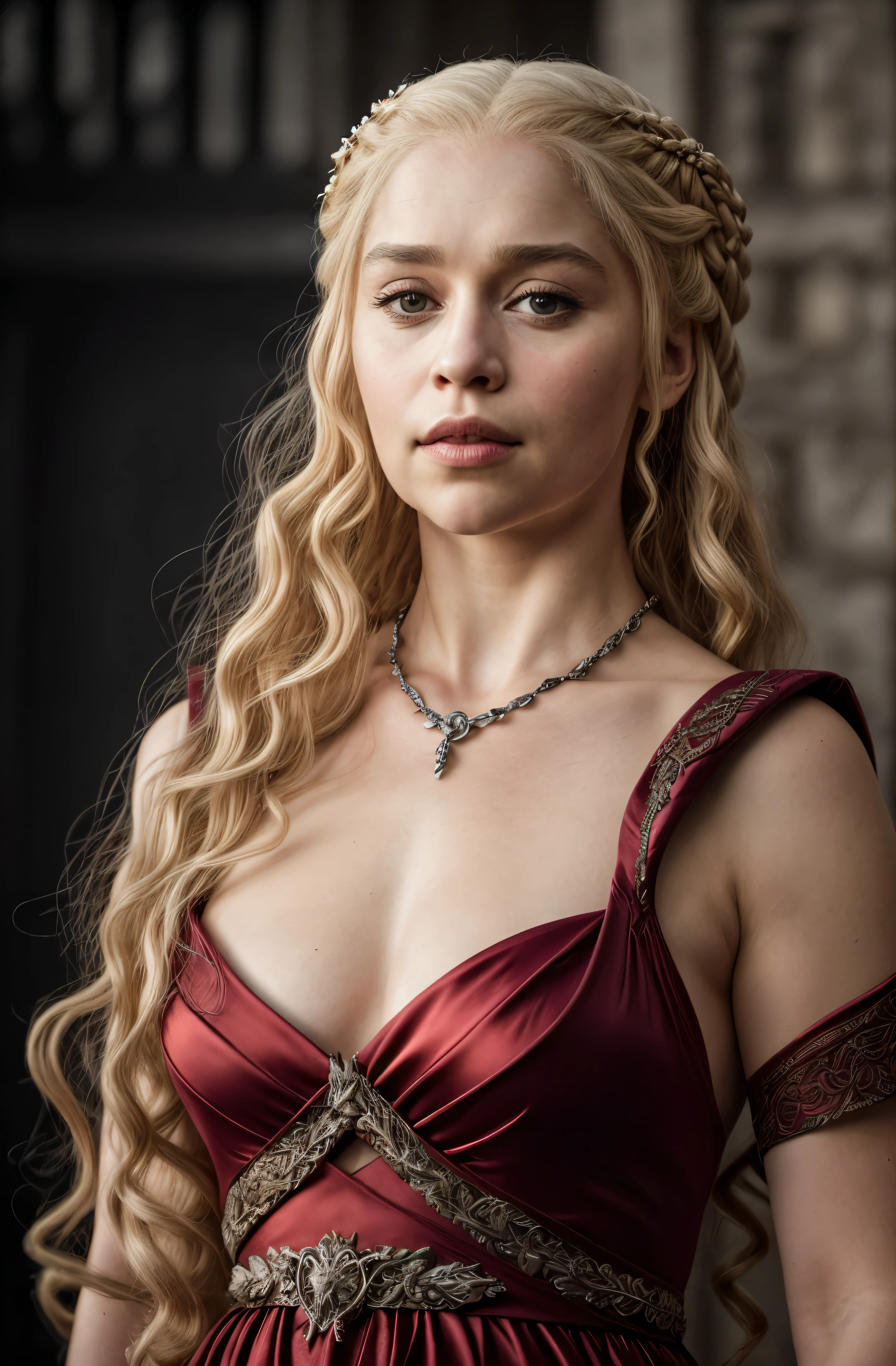 masterpiece, stunning portrait photo of khls woman, sleeveless, erotic costumes, sensual satin dress, game of thrones inspired costumes, intricate, compelling, cinematic, 