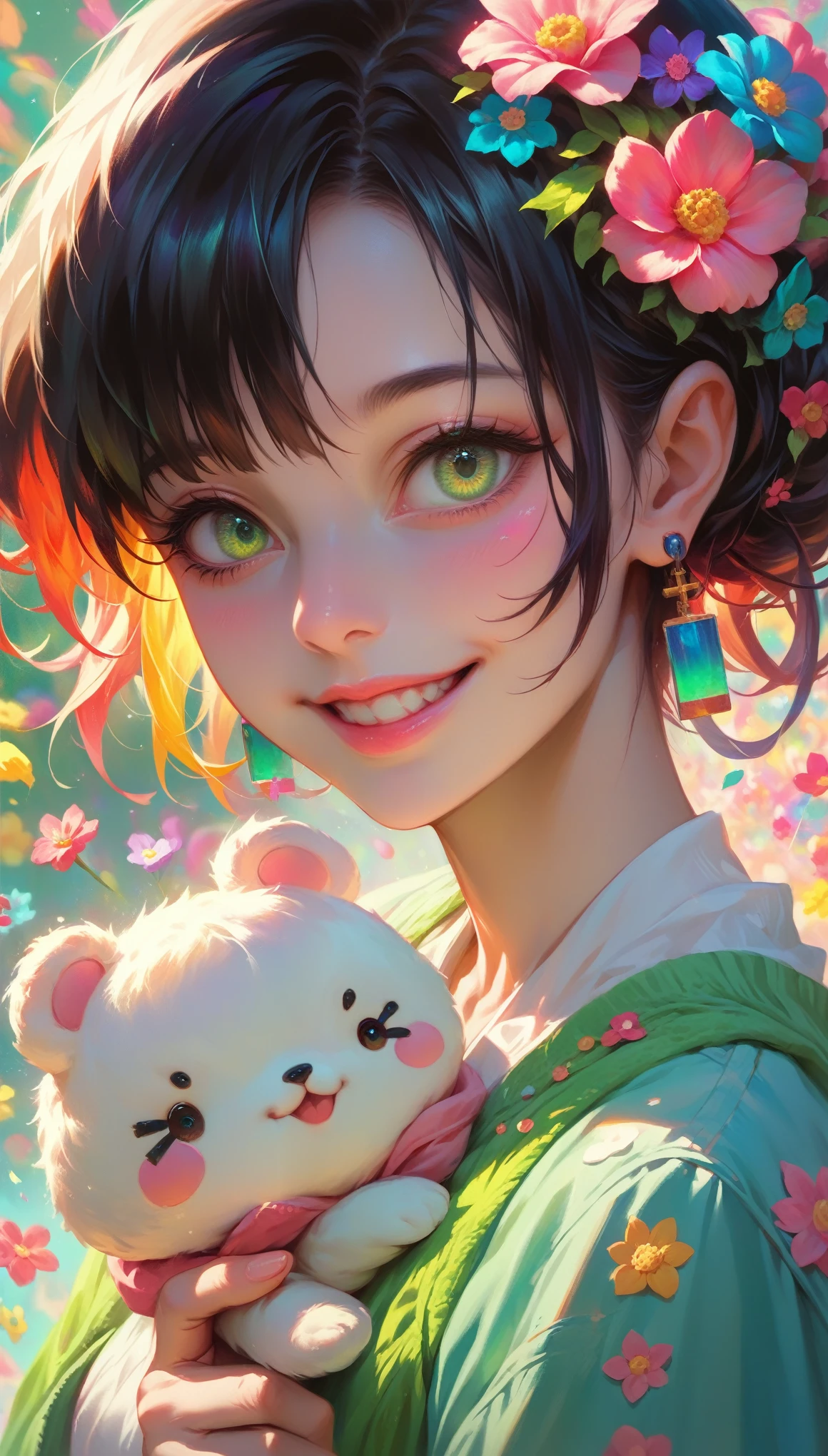 A beautiful anime girl, green eyes, playing with her cute puppy, colorful flowers blooming in the background, dynamic poses, smiling with detailed facial features, hyper realistic, 8k, ultra-detailed, photorealistic, vibrant colors, dramatic lighting, portrait, digital art