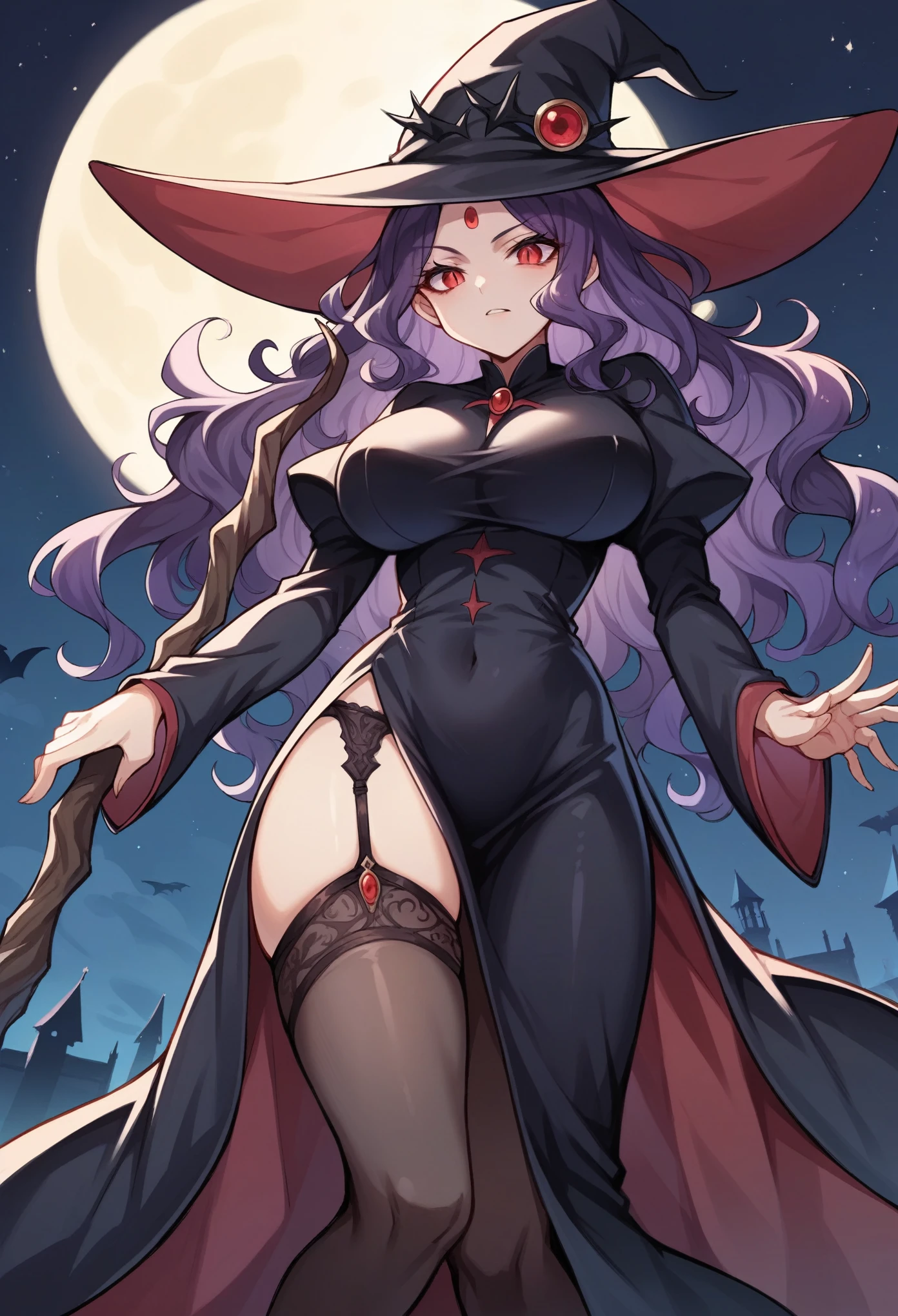(masterpiece:1.2, Highest quality),(Anime Style),Visible from the knees to the head, 20-year-old woman,Villainess,Red Eyes,Dark purple hair,Forehead is visible,Wavy Hair,Long Hair,Very large breasts,Wizard,Black witch hat,Moon ornament,Black Robe,Black tight slit dress,Black garter belt,Black Stockings,Jeweled Staff,night,tower