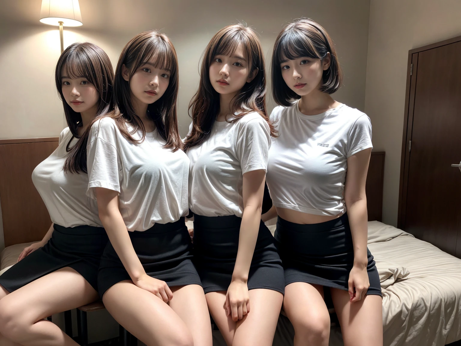 masterpiece, Highest quality, figure, Very detailed, The finer details, High resolution, 8k,wallpaper, Perfect dynamic composition,(Detailed high quality, Realistic depiction of eyes:1.3), (Three Girls), A white, sleeveless, see-through, tight shirt with buttons on the collar and chest., Grey tight skirt, Seraphim, Sitting, Leg spread, Short Bob Hair, In the background a hotel room, Deep in the field, Large Breasts, Black hair color, Big Natural Color Lip, (Perfect figure), smile、Harajuku Style、 in Japan:1.3), Adorable expression、Expressions of happiness、10 years old、height: 1ce、Amazingly cute、Cute typel feet, Idol Sculpture、Big Breasts、Erect nipples