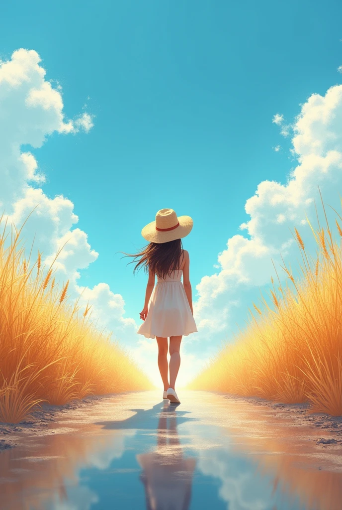 (masterpiece, best quality, 8k, high detailed, super rendering, ultra-detailed illustration), (heat haze:1.4), a girl wearing summer outfits and straw hat, walking in road mirage, mirage, The heat causes the air to fluctuate, making the landscape or the figure of a person appear distorted Swayingly, The air is clear, but the scenery is distorted by the fluctuations. Diffuse reflection of sunlight in the clear blue sky, asphalt road in summer, sweltering hot summer with no cloud