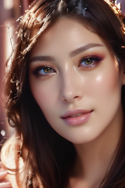 ((Highest quality)), ((masterpiece)), (detailed), ((best quality)), ((masterpiece)), (detailed), (detailed), ((Highest quality, 8k, masterpiece: 1.3)), (Cowboy Shot、Highest quality、8k、Award-winning works、Ultra-high resolution)、The most beautiful woman、Close-up photo of the face、Glowing, realistic and flawlessly beautiful skin、、Thick makeup、Perfect Makeup、Bright and shiny lipstick、(Very heavy makeup:1.2)、(Deep pink around the eyes:1.1)、Beautiful bright eyeshadow、Heavy makeup around the eyes、Long eyelashes、Vivid color lip、(Romantic affection:1.3)、The best smile、Accurate anatomy、Ultra HDヘア、Ultra-high definition beauty face、Ultra HDヘア、Ultra HD、 Glowing realistic eyes、beauty, Ultra-Realistic