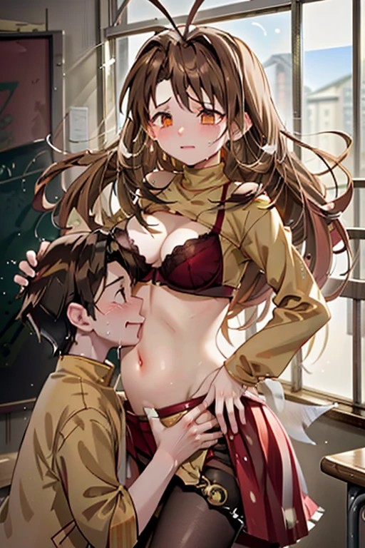 1adult woman, In the classroom, ((tied_wrist,)), ((boy face to breasts:1, head between breasts )),woman ls Naru Narusegawa:1.5,ahoge, lifted yellow sweater,red skirt,  Belly button exposed , bra exposed, Torn pantyhose, Highest Resolution, Highest quality, The woman blushes, woman cried bitterly and tiar drop and open mouse and Drooling over ,