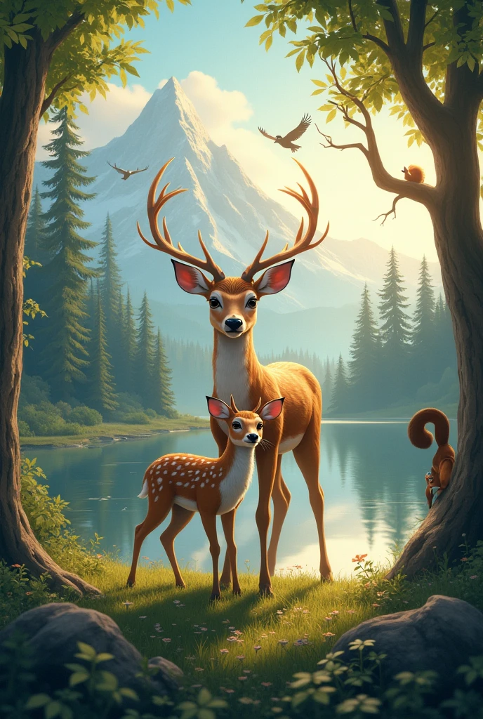 Create a deer with a bady deer,in Nature with Mountains trees water sun and a little mystical feeling ,birds, squirrel,warm touch