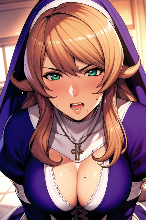 Blurry background,
purple outfit, puffy sleeves, cleavage cutout, cleavage,
nun, jewelry, necklace,
long hair, brown hair, Bangs, green eyes, purple cape on her head,
1 girl, 20yo, Young female, Beautiful Finger, Beautiful long legs, Beautiful body, Beautiful Nose, Beautiful character design, perfect eyes, perfect face, expressive eyes, perfect balance,
looking at viewer, (innocent_big_eyes:1.0), (aroused facial expression), blush, sweat,
official art, extremely detailed CG unity 8k wallpaper, perfect lighting, Colorful, Bright_Front_face_Lighting,shiny skin,
(masterpiece:1.0),(best_quality:1.0), ultra high res,4K,ultra-detailed,
photography, 8K, HDR, highres, absurdres:1.2, Kodak portra 400, film grain, blurry background, bokeh:1.2, lens flare, (vibrant_color:1.2),professional photograph,
(Beautiful,large_Breasts:1.4), (beautiful_face:1.5),(narrow_waist),