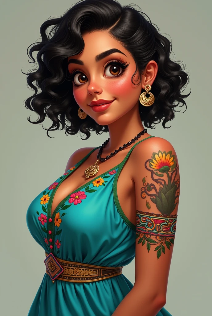 20-year-old girl, Mexican nationality, chubby, short curly hair, dark complexion, dressed in a turquoise dress with traditional colored flower embroidery, with bushy eyebrows., curious look, with a tattoo on the arm in the form of a chain of Aztec patterns.