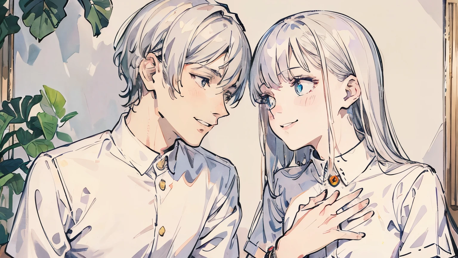 1 woman, platinum silver hair, medium hair, white collared shirt (short sleeves), bracelet, masterpiece, masterpiece, highest quality, detailed, 5 fingers, smiling, talking to a man, a little bitter smile,