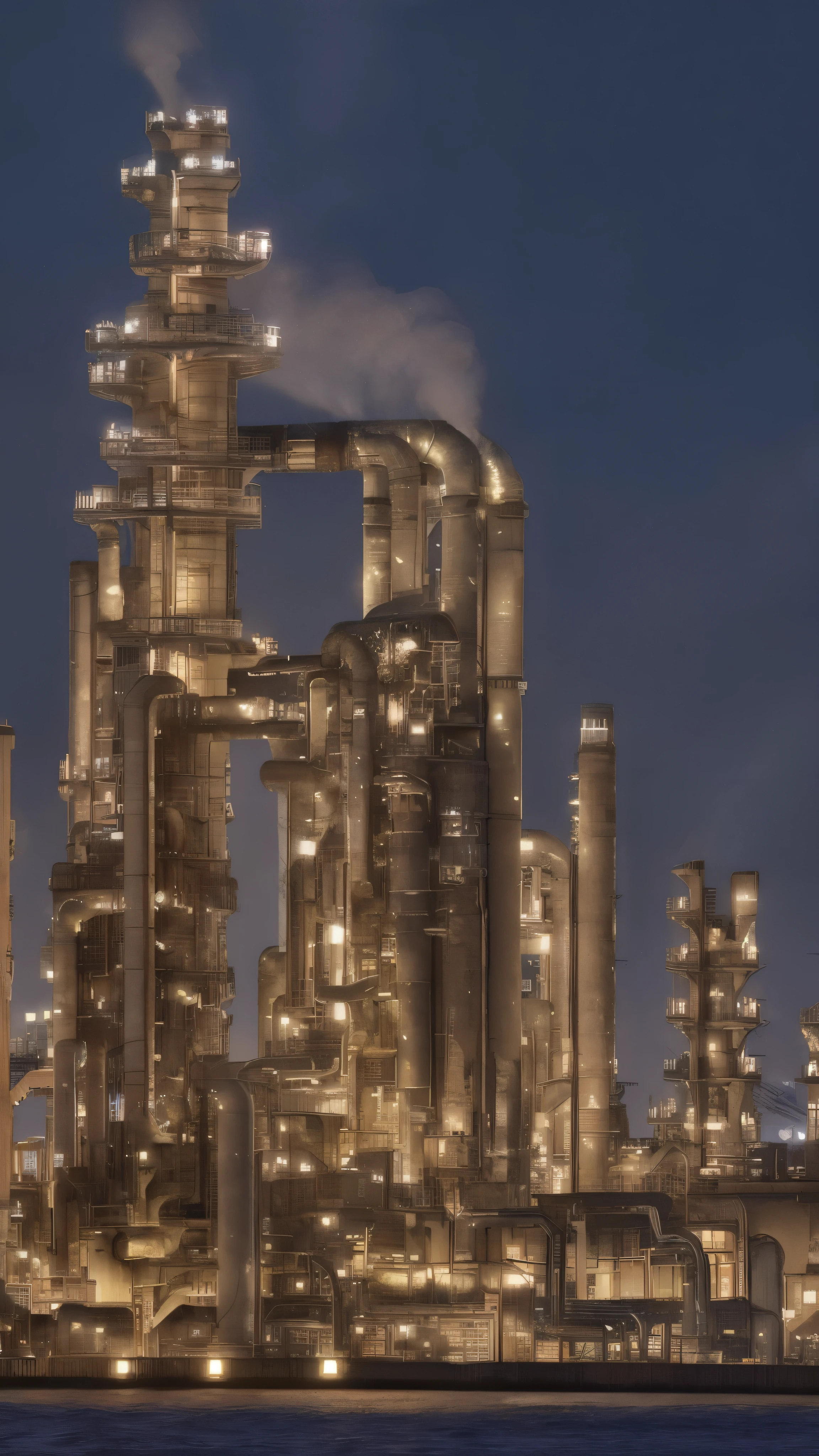 Background only、View from the seaFactory night view、Shining、Petrochemical complex night view、Pipes cross、Pale white light、Looks like a photo、View from the sea、The futuristic factory、cyber punk、See the full picture、future、Beautiful lighting、Steampunk