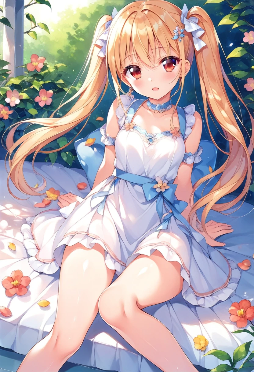 She has long, white twintails and a bright, cheerful, and kind personality.、Red eyes、A somewhat childish female junior high school student、Small breasts、She's wearing a white dress、flustered、sitting sidewaysアニメの***, Enchanting anime girl, anime style, Best anime girl, Small curvaceous, rei hiroe,  style, Anime Moe Art Style, Cute girl anime visuals, Beautiful attractive anime teen,