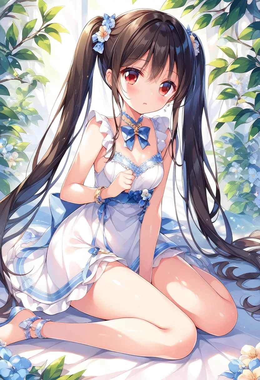 She has long, white twintails and a bright, cheerful, and kind personality.、Red eyes、A somewhat childish female junior high school student、Small breasts、She's wearing a white dress、flustered、sitting sidewaysアニメの***, Enchanting anime girl, anime style, Best anime girl, Small curvaceous, rei hiroe,  style, Anime Moe Art Style, Cute girl anime visuals, Beautiful attractive anime teen,