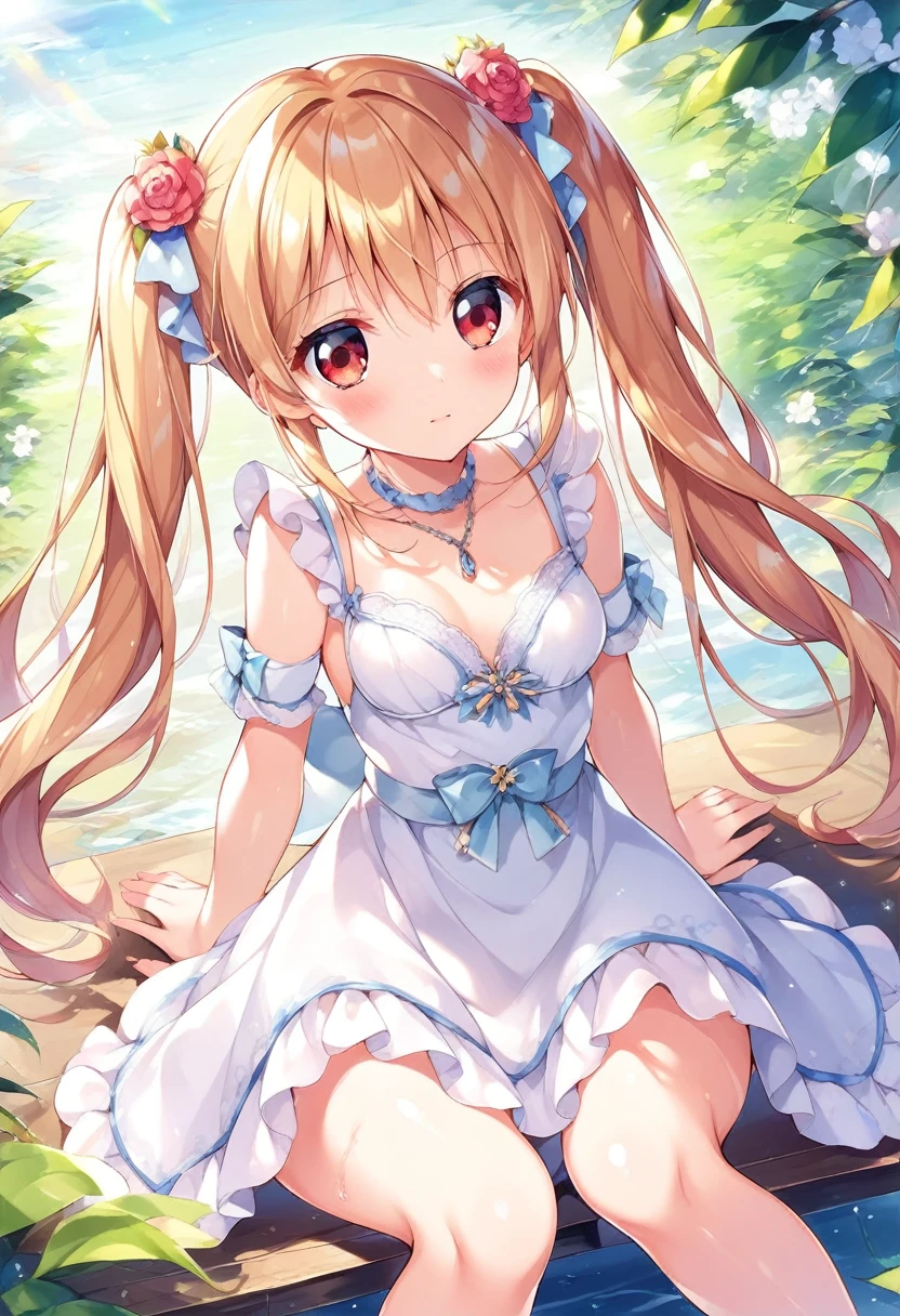 She has long, white twintails and a bright, cheerful, and kind personality.、Red eyes、A somewhat ish female junio school studsts、She's wearing a white dress、flustered、sitting sidewaysアニメの女の子, Enchanting anime girl, anime style, Best anime girl, Small curvaceous, rei hiroe, style, Anime Moe Art Style, Cute girl anime visuals, Beautiful attractive anime teen,