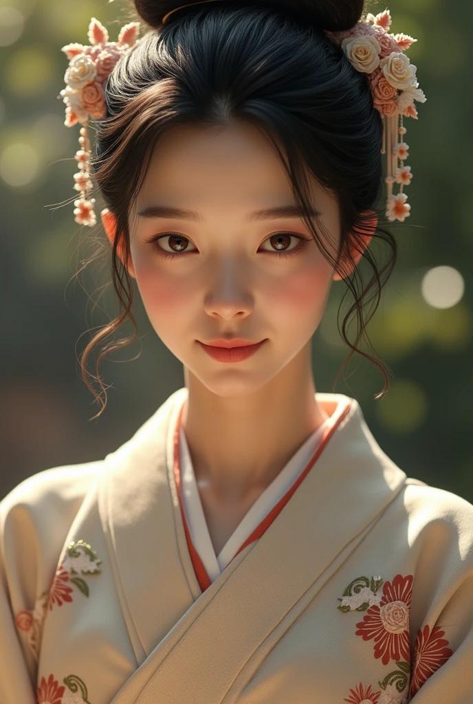 An elegantly dressed Japanese woman in natural light、A close-up of her chest and calm expression.、It shows her inner peace and outer charm.。
