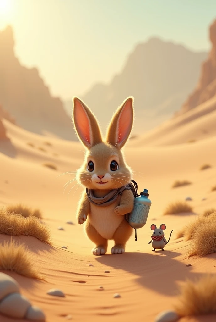 Make a rabbit that is walking in desert  along with a water bottle and a mouse 