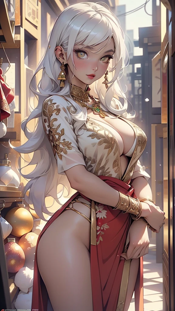 woman,1female,((milf,mom,mature,mature woman,45 years old female,adult)),(large breasts:1.5), natural breasts,(((white hair:1.4,straight hair,long hair:1.4,colored inner hair))),((yellow_eyes:1.3)),intricate eyes,beautiful detailed eyes,symmetrical eyes,((((dark skin:1.4,lustrous skin:1.5,bright skin: 1.5,skin tanned,shiny skin,very shiny skin,shiny body,illuminated skin)))),(spider lower abdomen,narrow waist,wide hip,bimbo body,inflated legs,thick thighs,delicate detailed fingers),(((detailed face))),
cute,slutty,sensual,seductive look,seductive,((erotic)),opulent,sumptuous,longingly,((nsfw)),
queen,goddess,fantasy,(((ice jewelry,intricate necklace,christmas jewelry,detailed outfit))),cleavage,silver silk,((eyeshadow,elegant makeup,eyelid makeup,gold lips,gold lipstick)),zettai ryouiki,revealing clothing,show skin,cleavage,((underboob)),((arabian dress, arabian princess,arabian beauty,beautiful alluring,beautiful genie girl)),((intricate genie outfit)),arabian accessories,(arabian jewelry in her arms),earrings,(((pelvis curtain))),(loincloth),(((red dress))),((Transparent cloth:1.1)),(((intricate outfit,intricate clothes,embroidered outfit,ornate outfit,embroidered clothes,ornate clothes))),
(dynamic pose:1.0),embarrassed,(centered,scale to fit dimensions,Rule of thirds),
inside,indoor,((palace in Arabia, palace in Arabia background)),scenery:1.25,((intricate scenery)),
(Glossy winter ornaments),highres,sharp focus,(ultra detailed,extremely detailed),(photorealistic artwork:1.37),(extremely detailed CG unity 8k wallpaper),(((vibrant colors,vibrant theme))),(intricate),(masterpiece),(best quality),artistic photography,(photography taken by sldr),(intricate background),perfect rendered face,perfect face details,realistic face,photo realistic,((intricate detail)),(((realism))),