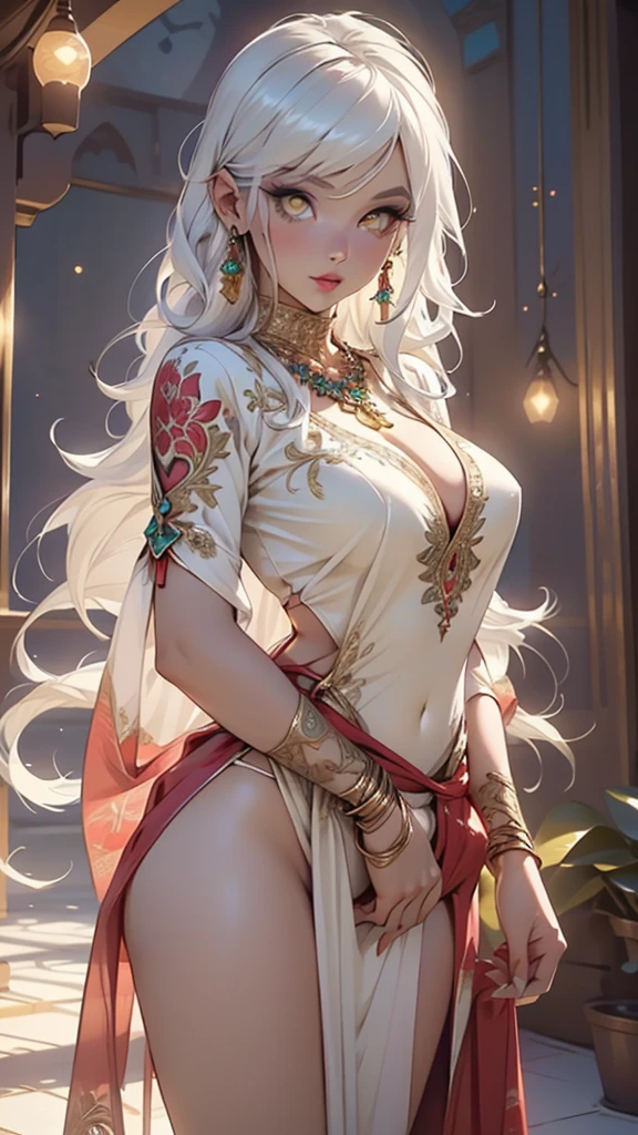 woman,1female,((milf,mom,mature,mature woman,45 years old female,adult)),(large breasts:1.5), natural breasts,(((white hair:1.4,straight hair,long hair:1.4,colored inner hair))),((yellow_eyes:1.3)),intricate eyes,beautiful detailed eyes,symmetrical eyes,((((dark skin:1.4,lustrous skin:1.5,bright skin: 1.5,skin tanned,shiny skin,very shiny skin,shiny body,illuminated skin)))),(spider lower abdomen,narrow waist,wide hip,bimbo body,inflated legs,thick thighs,delicate detailed fingers),(((detailed face))),

cute,slutty,sensual,seductive look,seductive,((erotic)),opulent,sumptuous,longingly,((nsfw)),

queen,goddess,fantasy,(((ice jewelry,intricate necklace,christmas jewelry,detailed outfit))),cleavage,silver silk,((eyeshadow,elegant makeup,eyelid makeup,gold lips,gold lipstick)),zettai ryouiki,revealing clothing,show skin,cleavage,((underboob)),((arabian dress, arabian princess,arabian beauty,beautiful alluring,beautiful genie girl)),((intricate genie outfit)),arabian accessories,(arabian jewelry in her arms),earrings,(((pelvis curtain))),(loincloth),(((red dress))),((Transparent cloth:1.1)),(((intricate outfit,intricate clothes,embroidered outfit,ornate outfit,embroidered clothes,ornate clothes))),

(dynamic pose:1.0),embarrassed,(centered,scale to fit dimensions,Rule of thirds),

inside,indoor,((palace in Arabia, palace in Arabia background)),scenery:1.25,((intricate scenery)),

(Glossy winter ornaments),highres,sharp focus,(ultra detailed,extremely detailed),(photorealistic artwork:1.37),(extremely detailed CG unity 8k wallpaper),(((vibrant colors,vibrant theme))),(intricate),(masterpiece),(best quality),artistic photography,(photography taken by sldr),(intricate background),perfect rendered face,perfect face details,realistic face,photo realistic,((intricate detail)),(((realism))),
