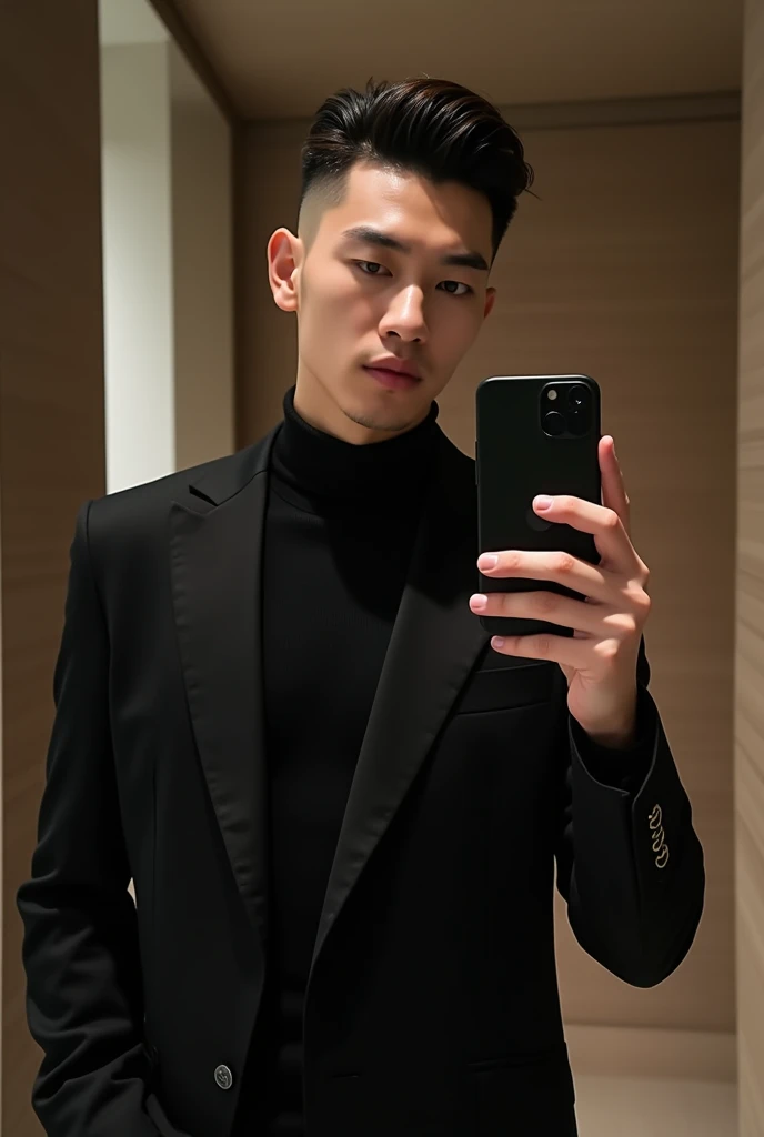handsome korean guy in all black suit, black semi pompadour hairstyle, full shaved, mirror selfie, iphone 15, indoors, cute, long chin