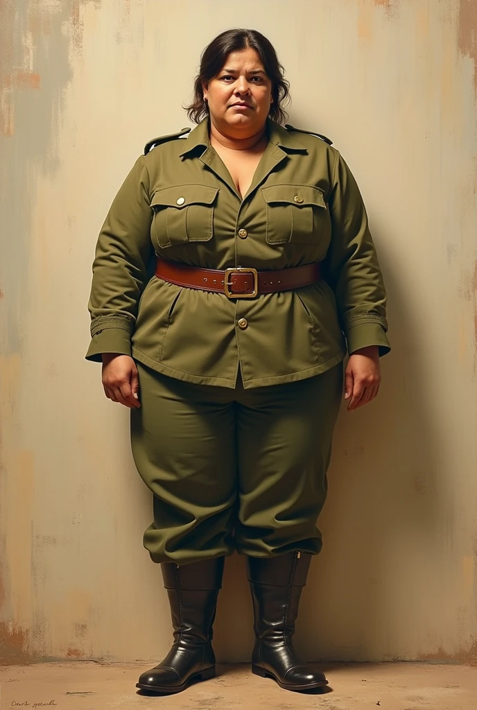 (AOC:1.1), braga, from militar, hunched over, wide hips, thick thighs, oil painting, by Sargent, (best quality,4k,8k,highres,masterpiece:1.2), ultra-detailed, (realistic,photorealistic,photo-realistic:1.37), portraits, warm color palette, soft lighting.