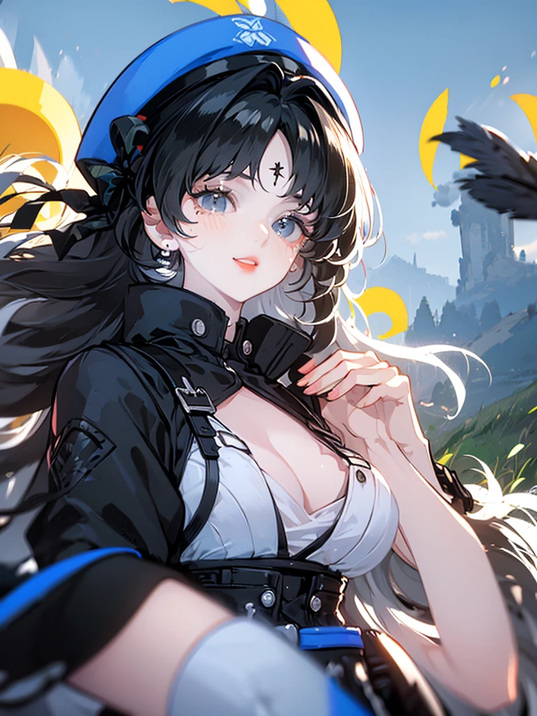 black hair, wavy hair, long hair, grey eyes, big chests, black gloves, middle bangs, pale skin, blue berret, windy day,thin cloud,in a yellow grass field, happy, adorable face, cute face, large innocent eyes, smile, cute pose