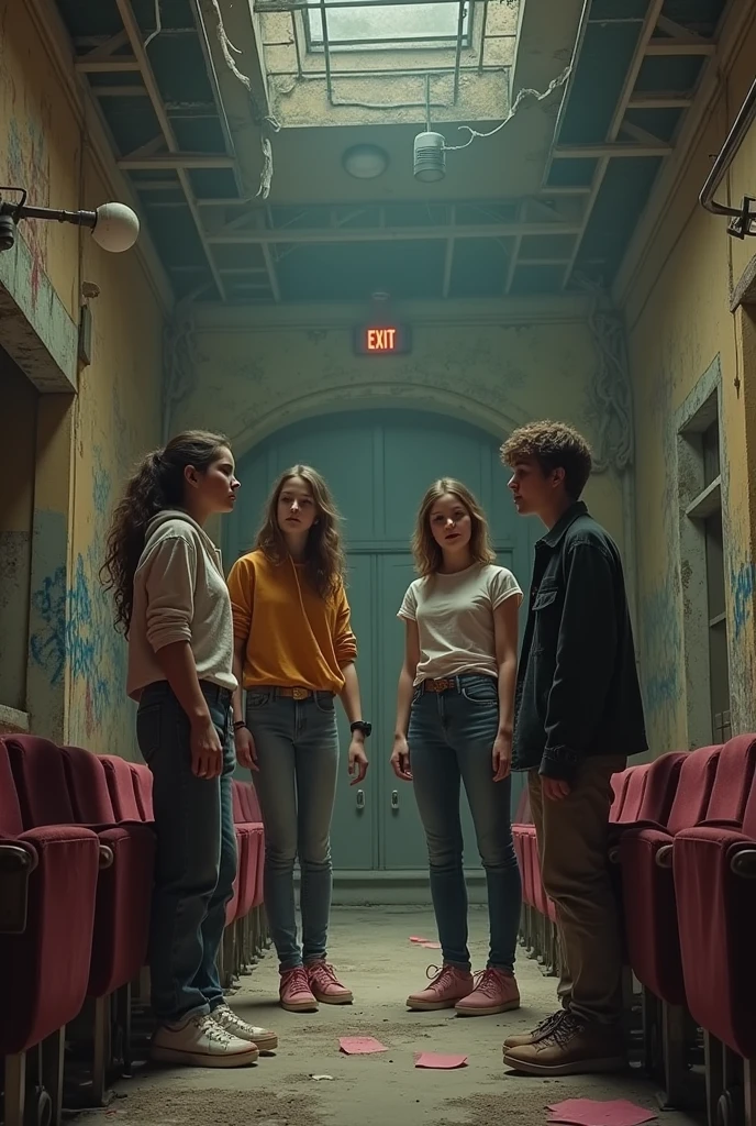 Teenage Two girls and two boys talking inside a abandoned theater 