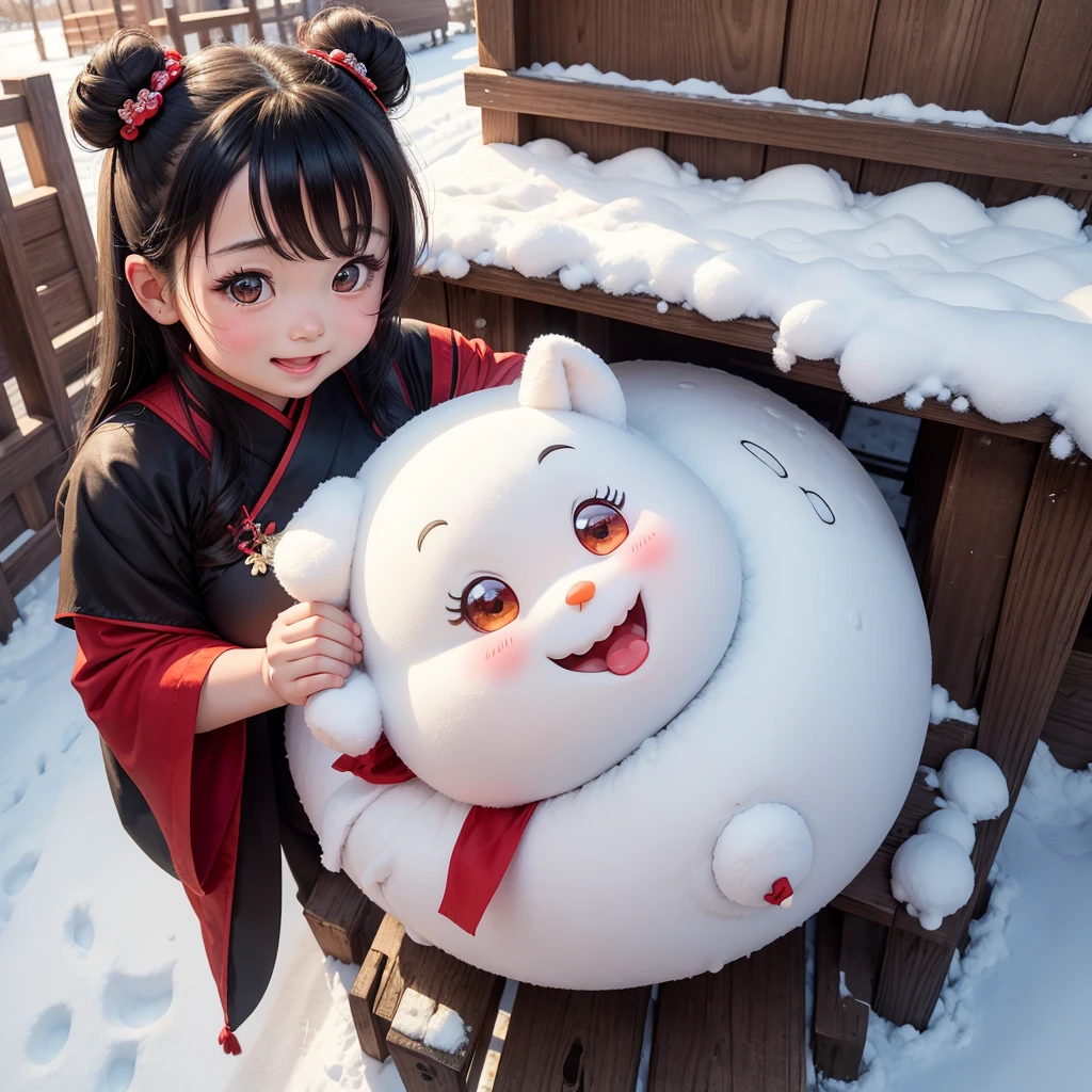 Cute chibi anime , chibi girl , cute girl, chubby, with two buns on her head, black hair, wearing a white ancient Chinese dress with red trim, bright eyes, is making a snowman in front of a wooden house. In the daytime, the sunlight shines on her face, bright and cheerful, smiling happily.