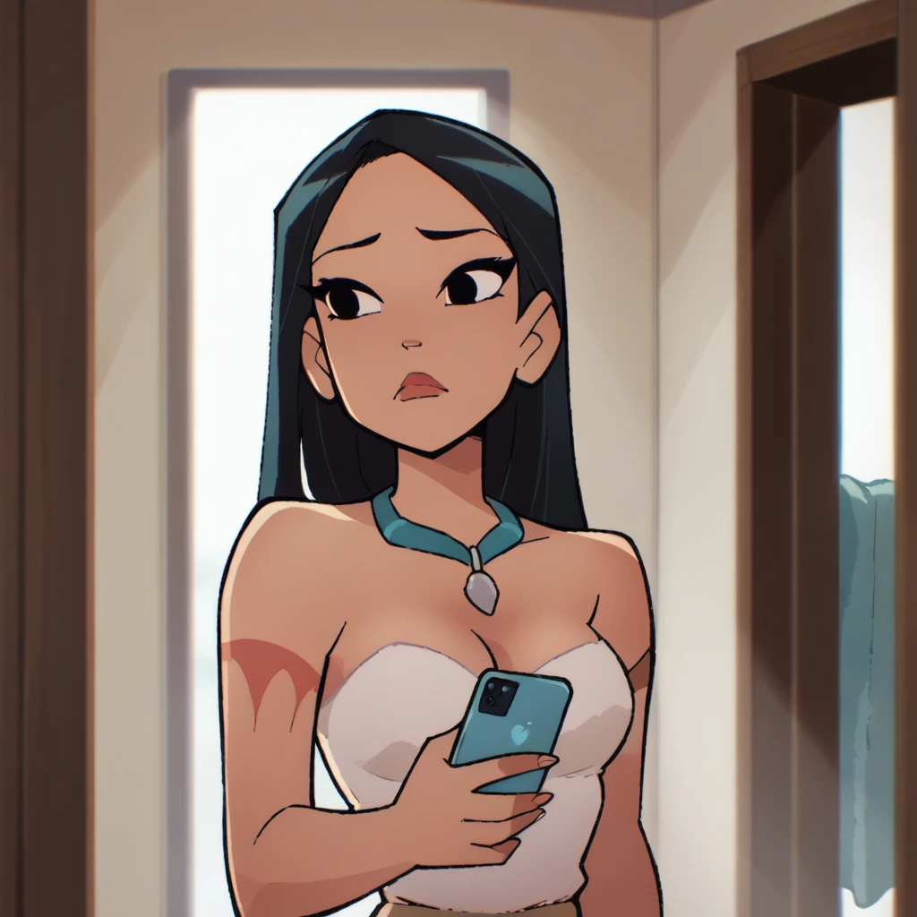 score_9_presence, score_8_up, Pocahontas, wrapped in towel, medium breasts, cleavage, holding phone
