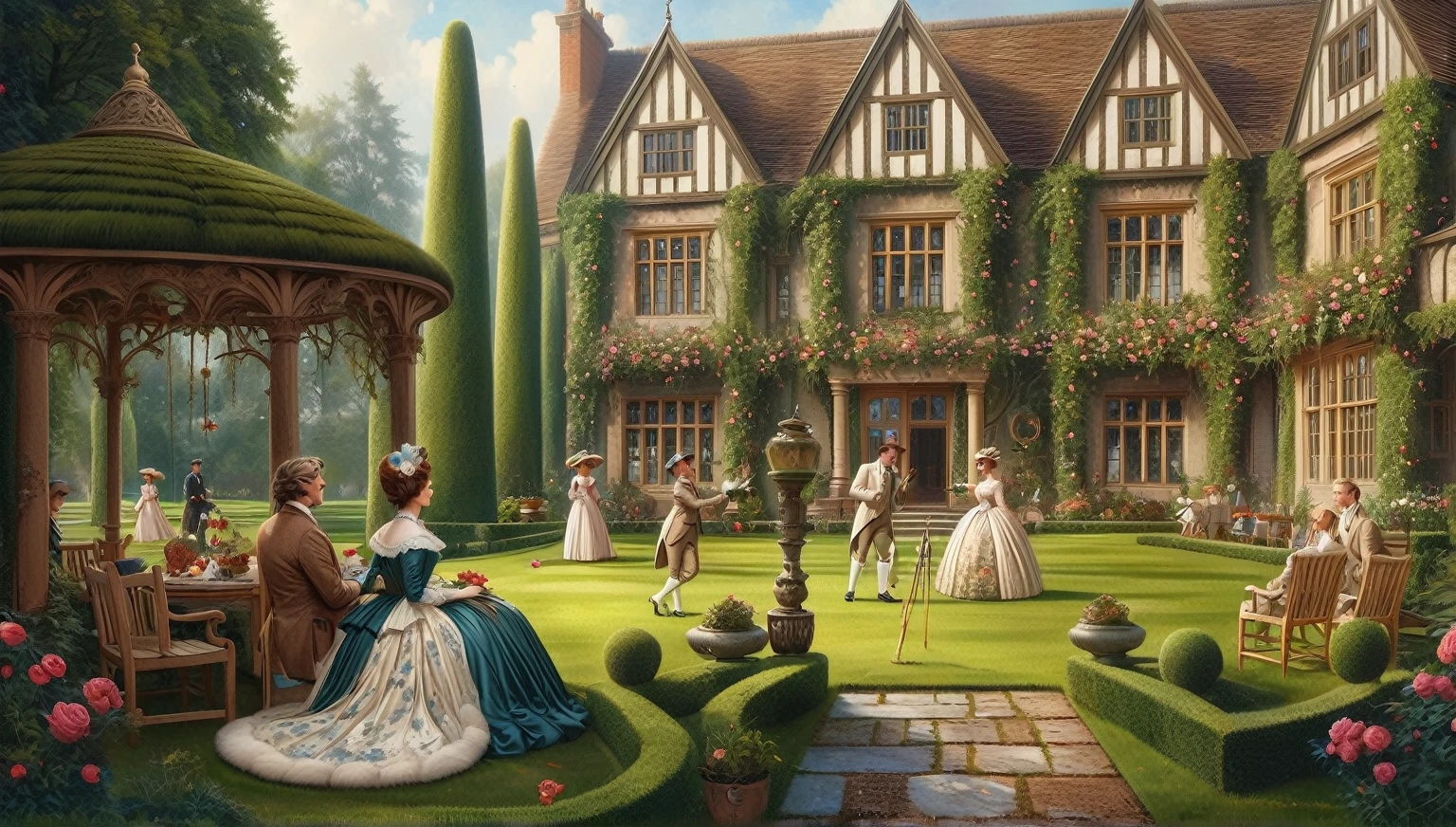 painting of a group of people in formal dress in a garden, fantasy victorian art, victorian england style, inspired by Christoffer Wilhelm Eckersberg, michael cheval (unreal engine, by Alexander Kucharsky, beautiful render of a fairytale, victorian era, 1 8 5 0 s style painting, victorian manor, tom bagshaw weta studio, inspired by Edmund Leighton