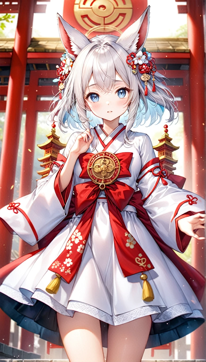 (Highest quality,8k,32K,masterpiece,Ultra-high resolution :1.2 ),born,One girl,Super cute,Natural light,Clear, shining eyes,20-year-old,Fair skin,Temples and shrines electronic world fantasy background,Silver Hair,Fox Ears,Shrine maiden,Shrine Maiden Costume,Fox's Tail