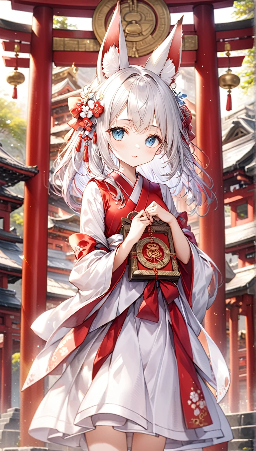 (Highest quality,8k,32K,masterpiece,Ultra-high resolution :1.2 ),born,One girl,Super cute,Natural light,Clear, shining eyes,20-year-old,Fair skin,Temples and shrines electronic world fantasy background,Silver Hair,Fox Ears,Shrine maiden,Shrine Maiden Costume,Fox's Tail