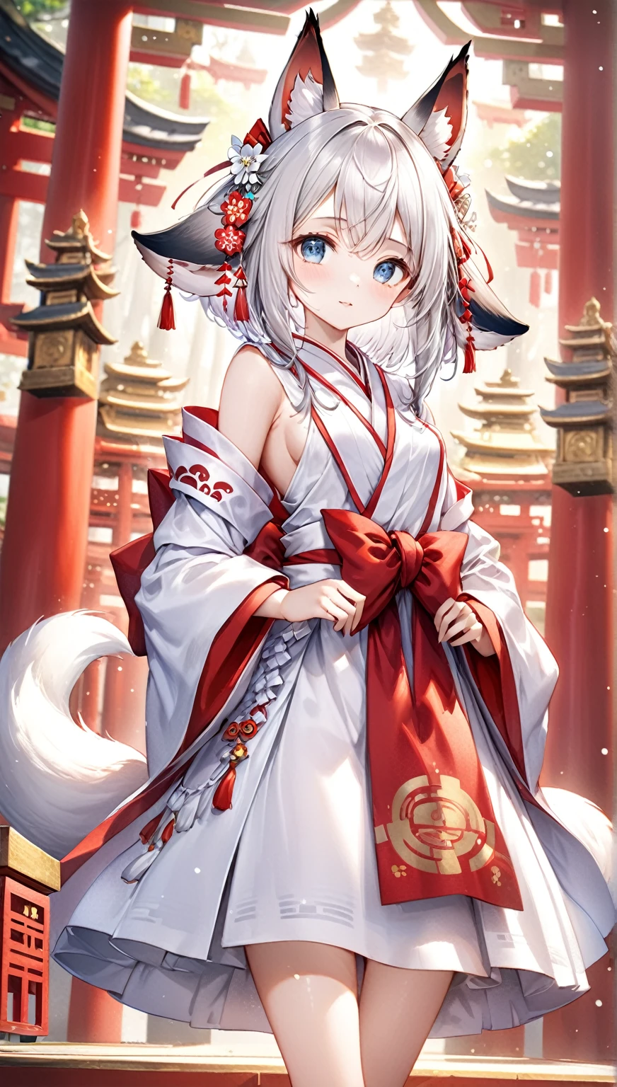 (Highest quality,8k,32K,masterpiece,Ultra-high resolution :1.2 ),born,One girl,Super cute,Natural light,Clear, shining eyes,20-year-old,Fair skin,Temples and shrines electronic world fantasy background,Silver Hair,Fox Ears,Shrine maiden,Shrine Maiden Costume,Fox's Tail