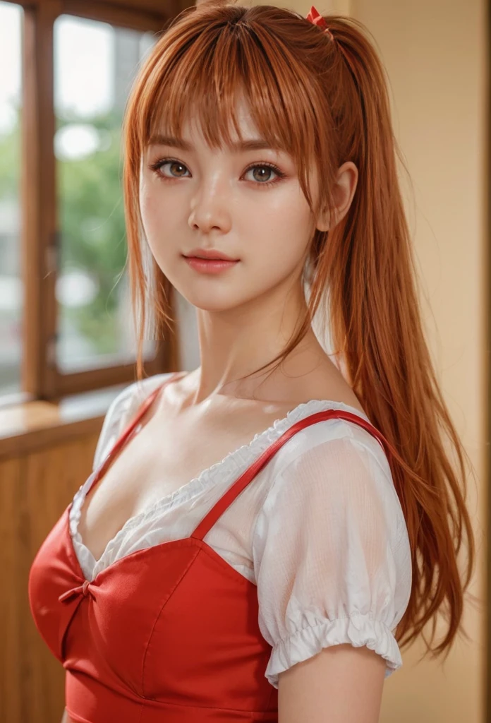 kasumi, eyes browns, (best qualityer, ultra detail), (realisitic:1.37), beautiful and detailed face, ultra-realisitic texture, Exquisite face, Delicate body, red lipgloss stick, shiny colors. High definition, 8k, expression a slight cute smile