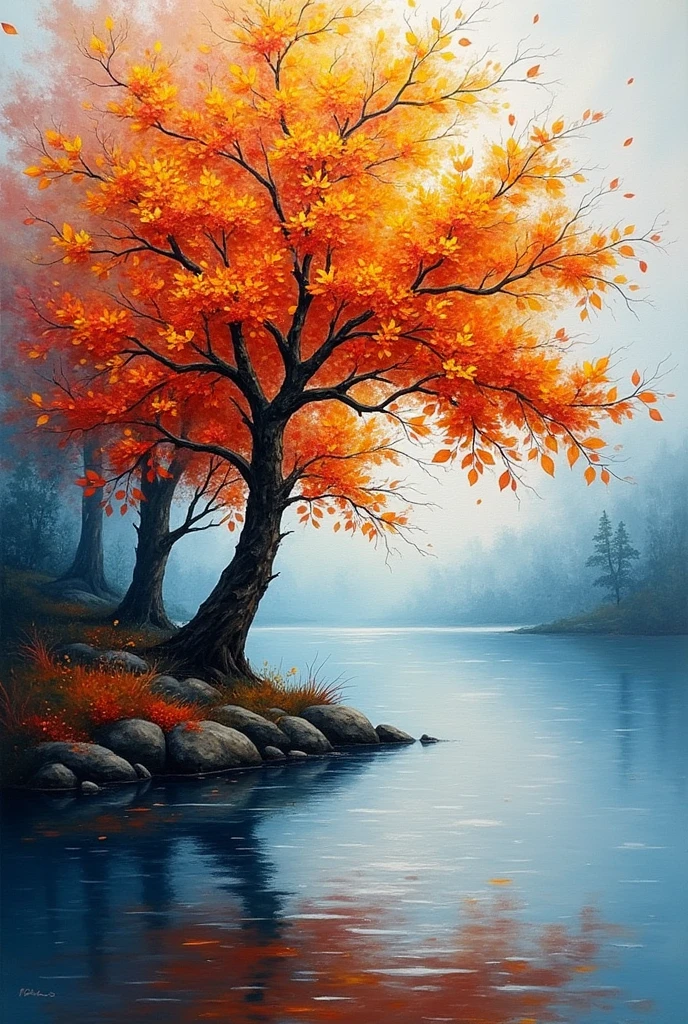 abstract oil on canvas, multi-color leaves tree on a lake, reflection on water. thick impasto texture, clean visible canvas surface.