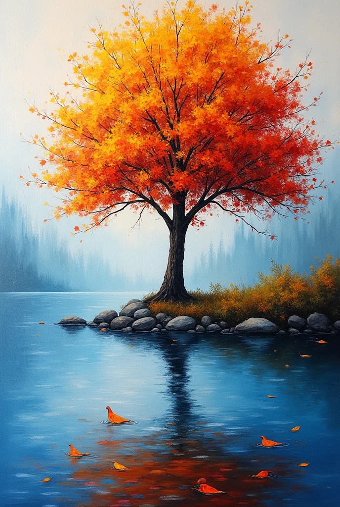 abstract oil on canvas, multi-color leaves tree on a lake, reflection on water. thick impasto texture, clean visible canvas surface.