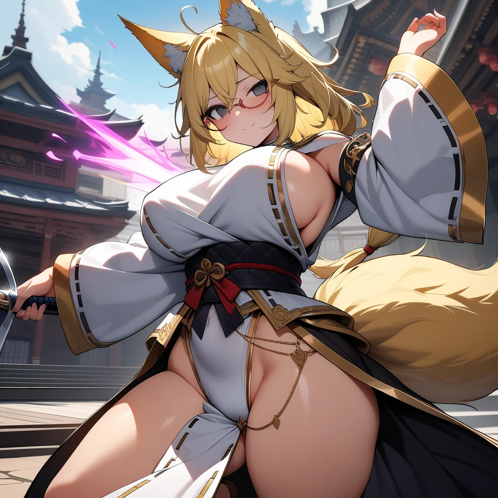 (masterpiece,best quality,very aesthetic),(ultra-detailed),high saturation,nsfw,girl,,solo,curvy,large breasts,thicc,(one fox tail,blonde fox ears,medium hair,low ponytail,blonde hair,messy hair,under-rim glasses),sideboob,long sleeves,empty eyes, gray eyes,(belly chain,fusion of gold trimmed white miko and highleg leotard,luxurious decoration),Expressionless,light smile,Mysterious,outdoors,plaza,dynamic dancing,Dancing on Stage for Japanese Shinto rituals,altar,outdoors,holding Sword with a shiny silver blade,slashing,(A mystical aura rises around girl,A mysterious aura)