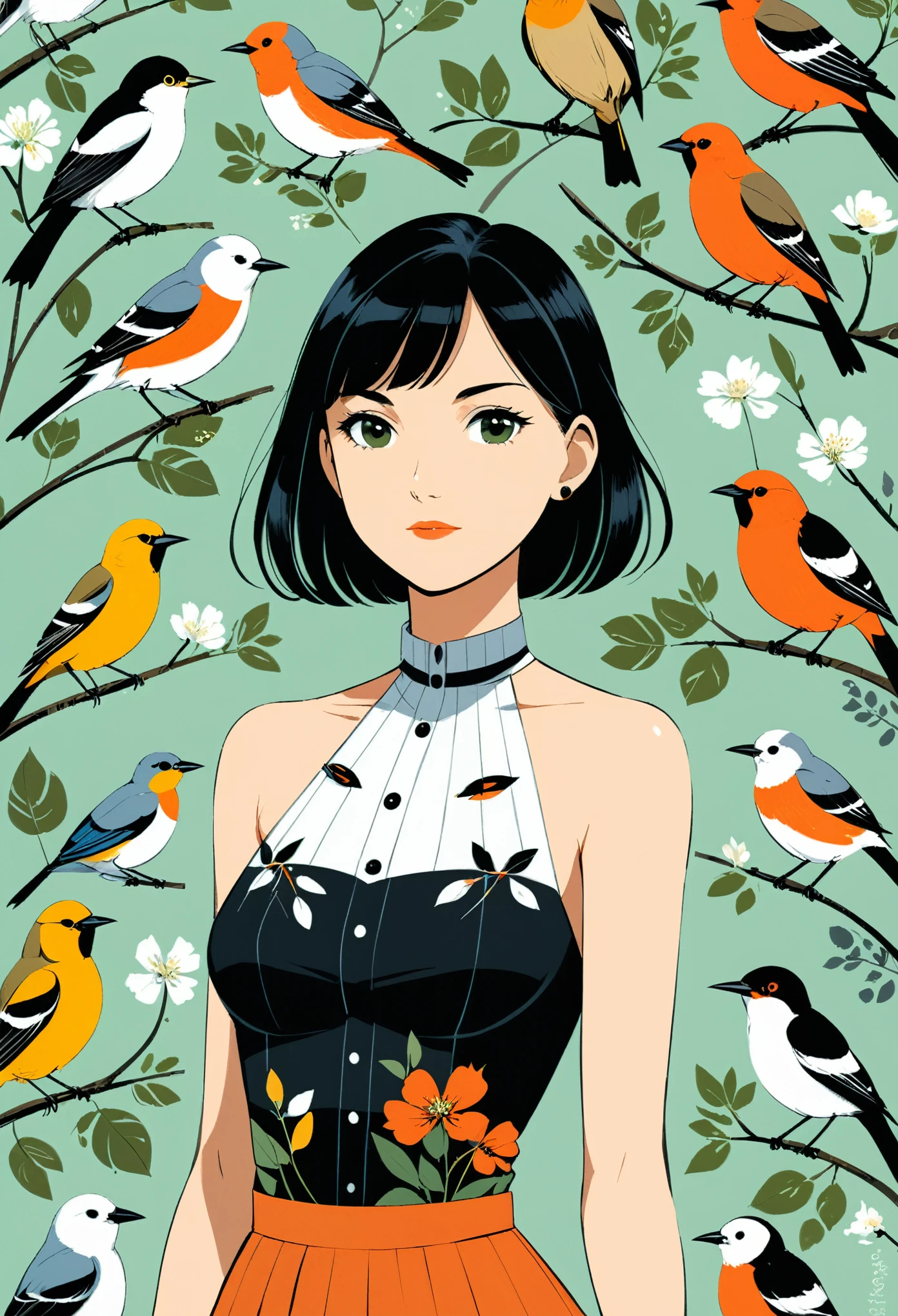 in style of  Charley Harper
1 girl,character concept design,half body