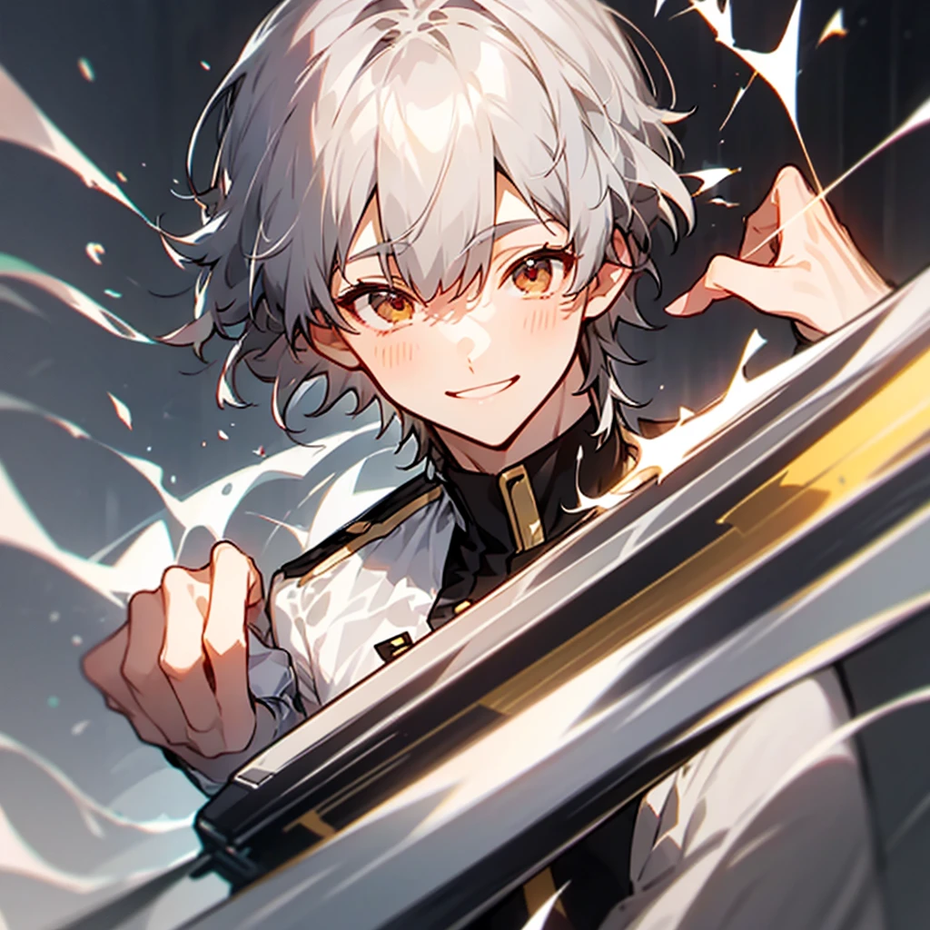 Silver Hair、male、smile, bangs, 目の間のbangs, Highest quality, smile, uniform,Smooth Hair、solo, 